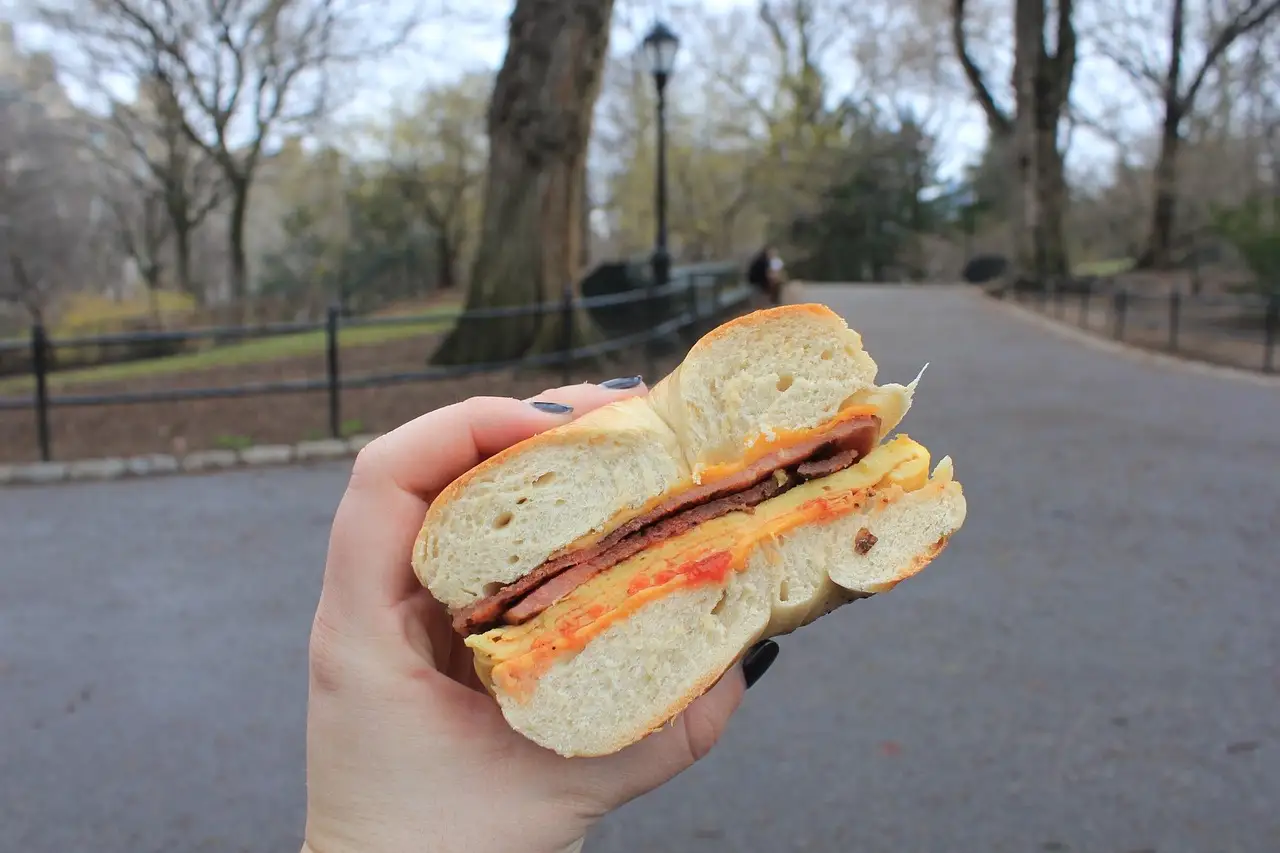 A hand holding a bacon, egg and cheese bagel on a path in Central Park