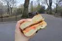 A hand holding a bacon, egg and cheese bagel on a path in Central Park