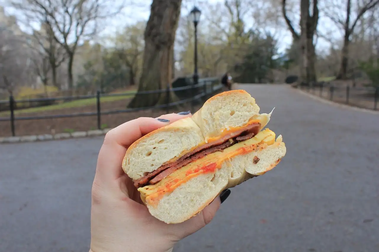 A hand holding a bacon, egg and cheese bagel on a path in Central Park