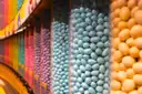 A wall of candy dispensers in a sweet shop