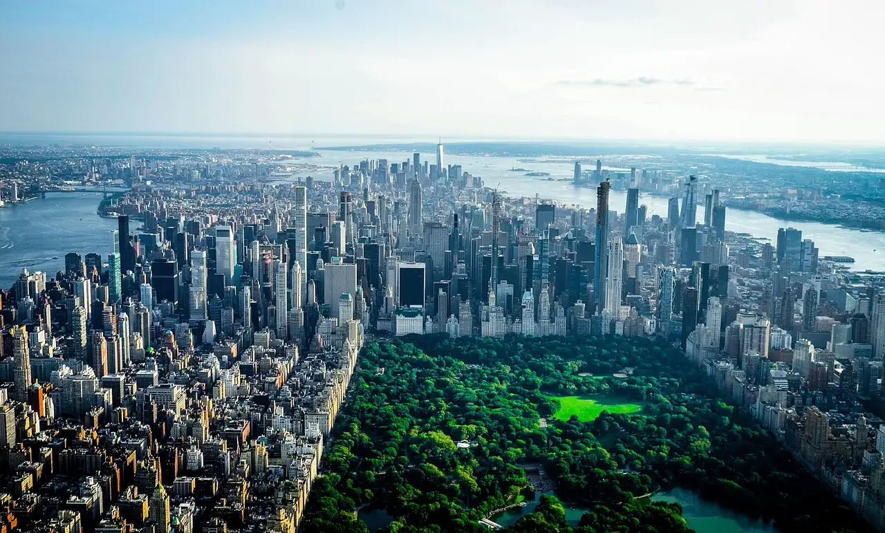 Central Park from the air, framed by Manhattan towers