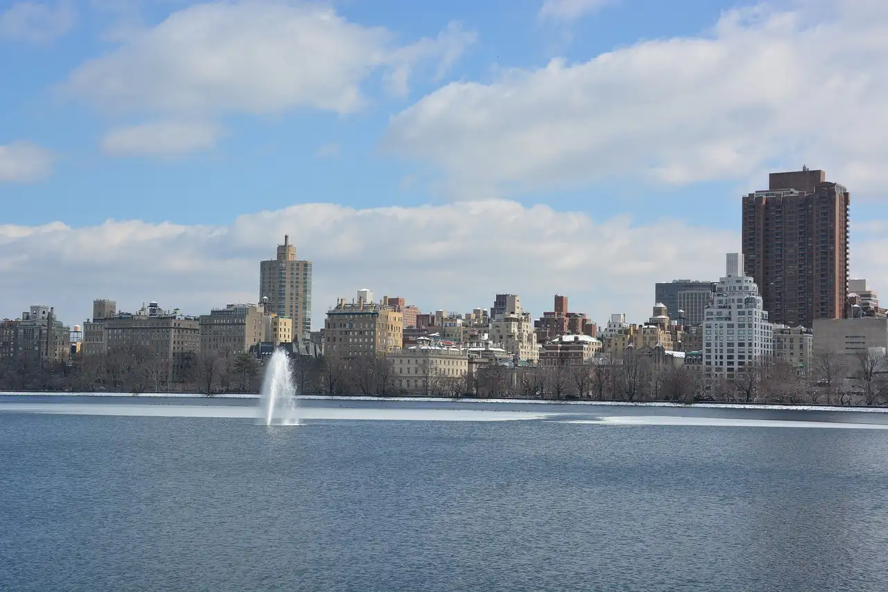 A bike by the Central Park reservoir in winter
