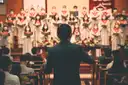 A choir and conductor in a church