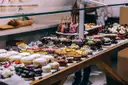 Doughnuts on display in a doughnut shop