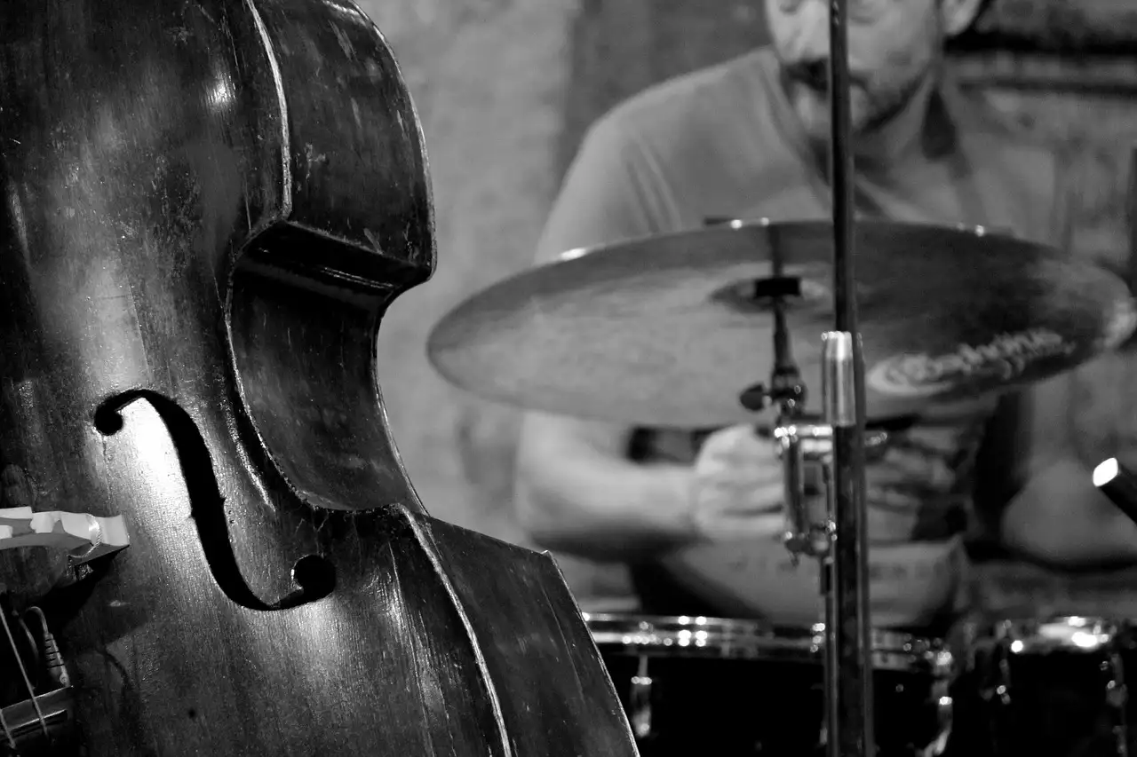 A double bass and drums on stage, in black and white