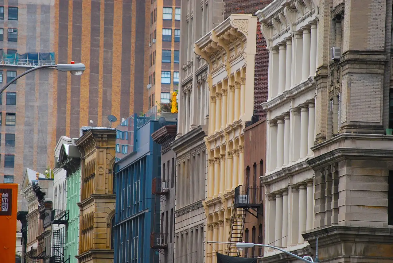 Old downtown Manhattan facades with fire escapes