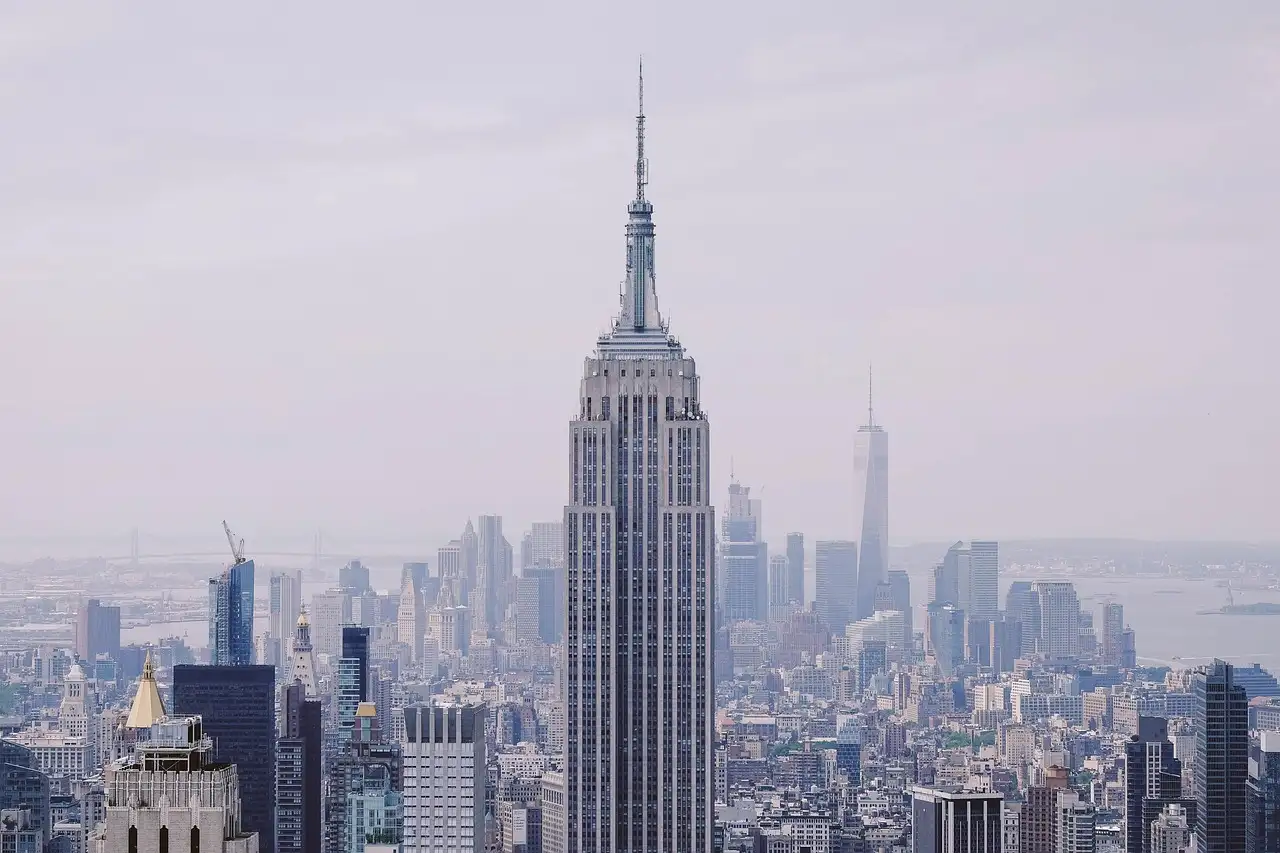 The Empire State Building above a hazy skyline
