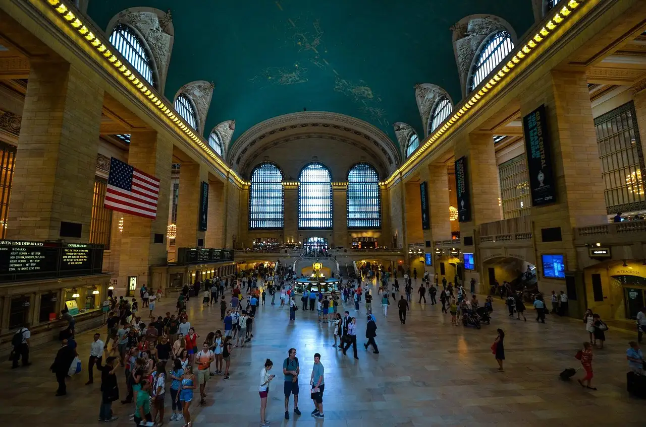 Grand Central's main concourse with its green ceiling and big windows