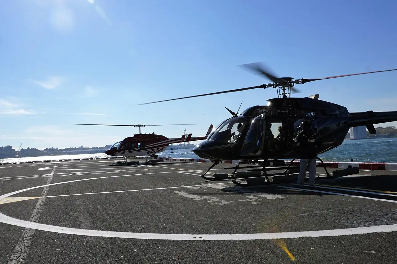 A sightseeing helicopter in flight over New York