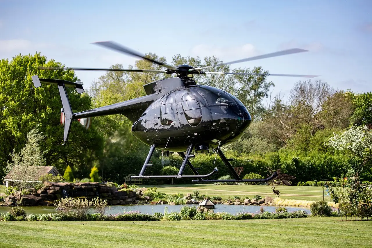 A small helicopter taking off