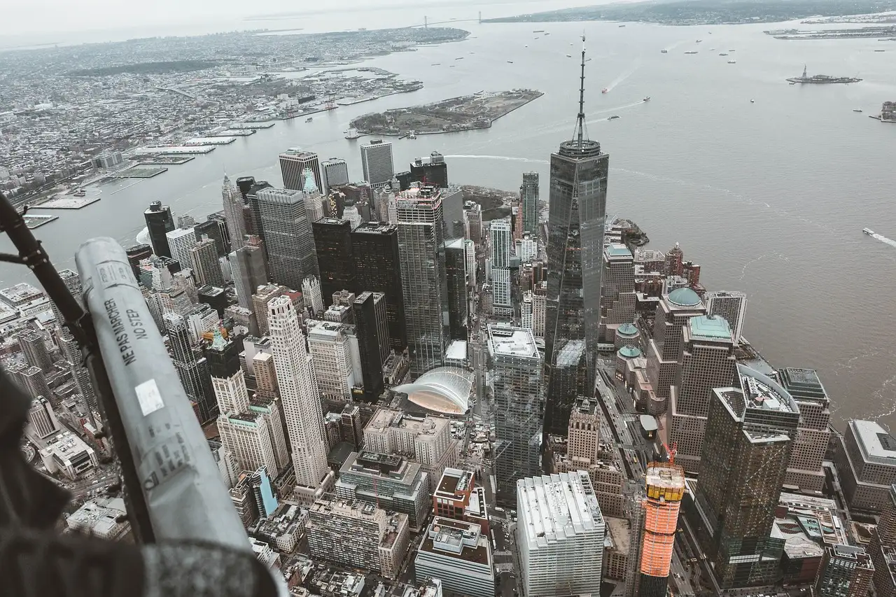 Lower Manhattan seen through a helicopter window