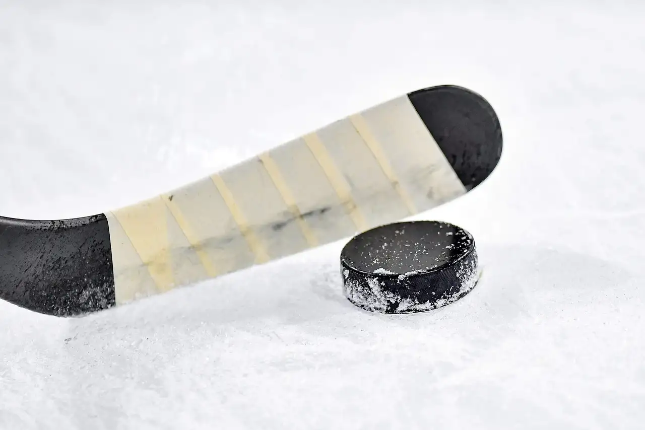 An ice hockey stick and puck on the ice