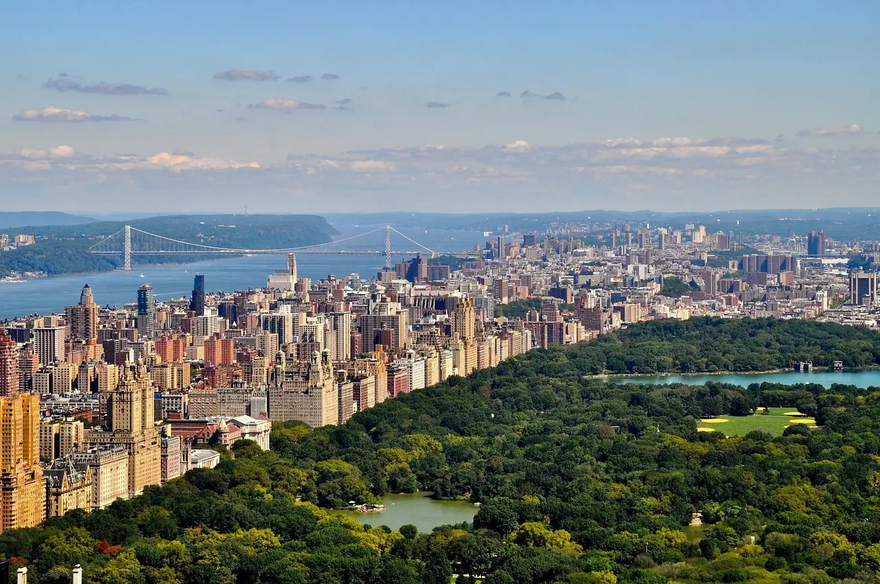 Central Park and the Upper West Side from above, with the Hudson River and the George Washington Bridge far behind