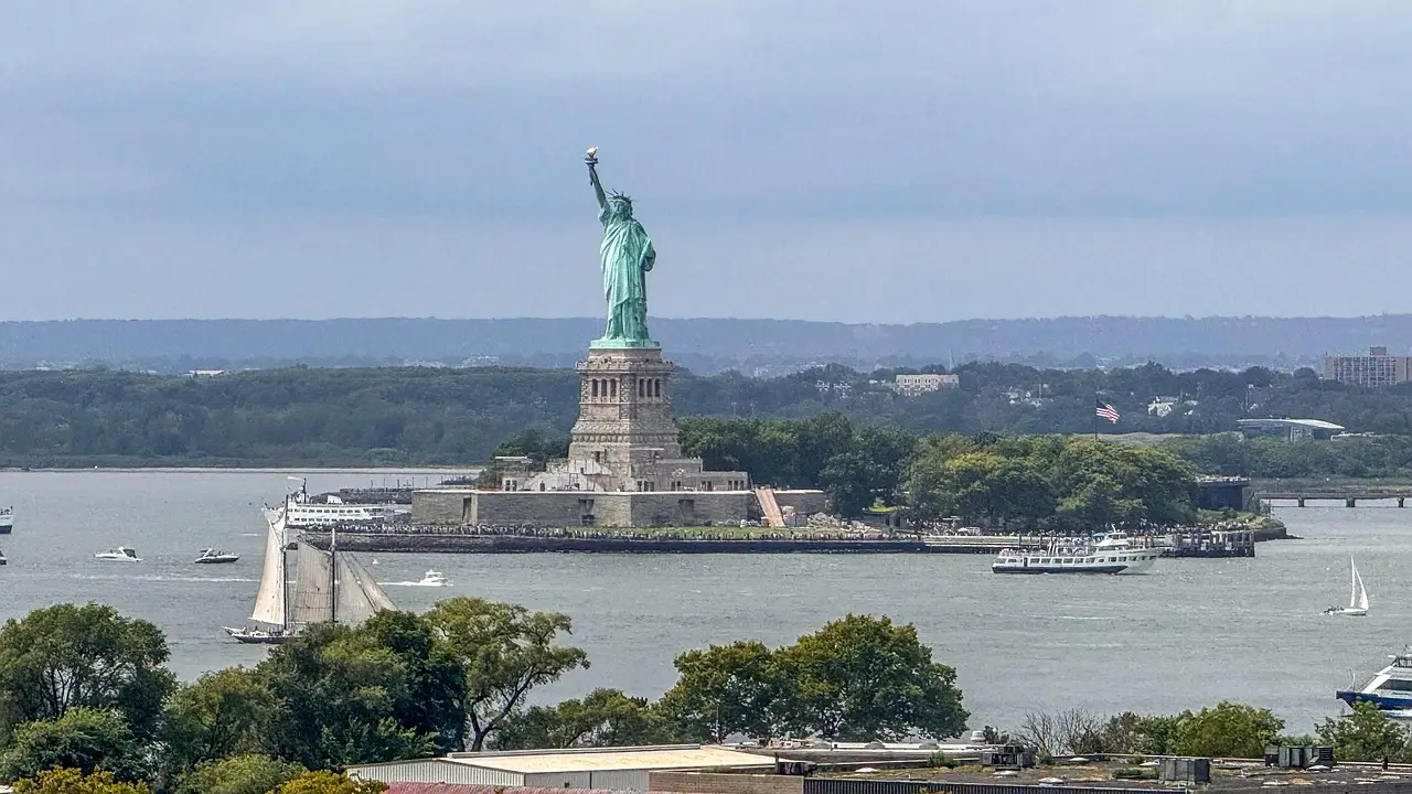The Statue of Liberty on Liberty Island, seen across New York Harbor