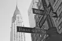 The Chrysler Building behind an East 40th Street sign and a one-way sign in Midtown