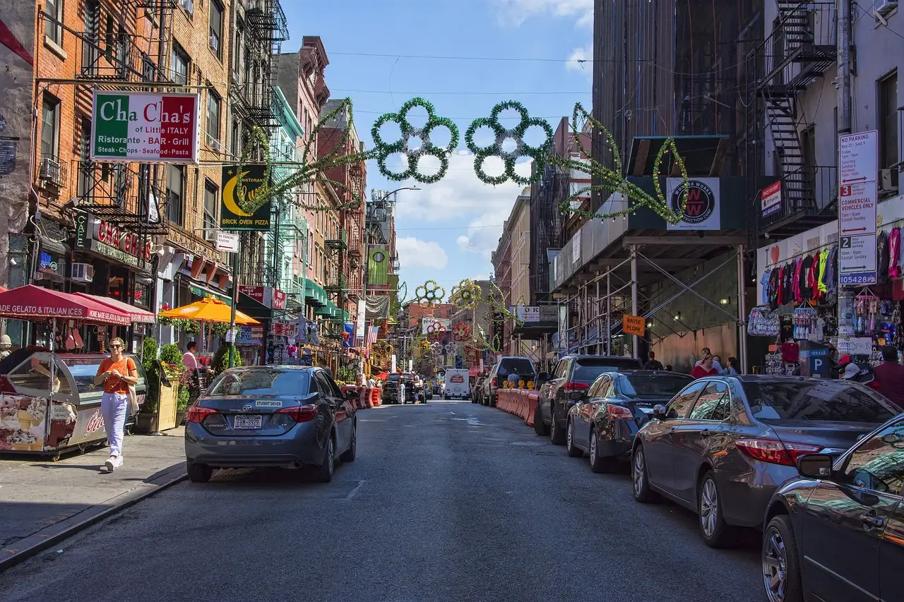 Restaurants and street lights on Mulberry Street in Little Italy