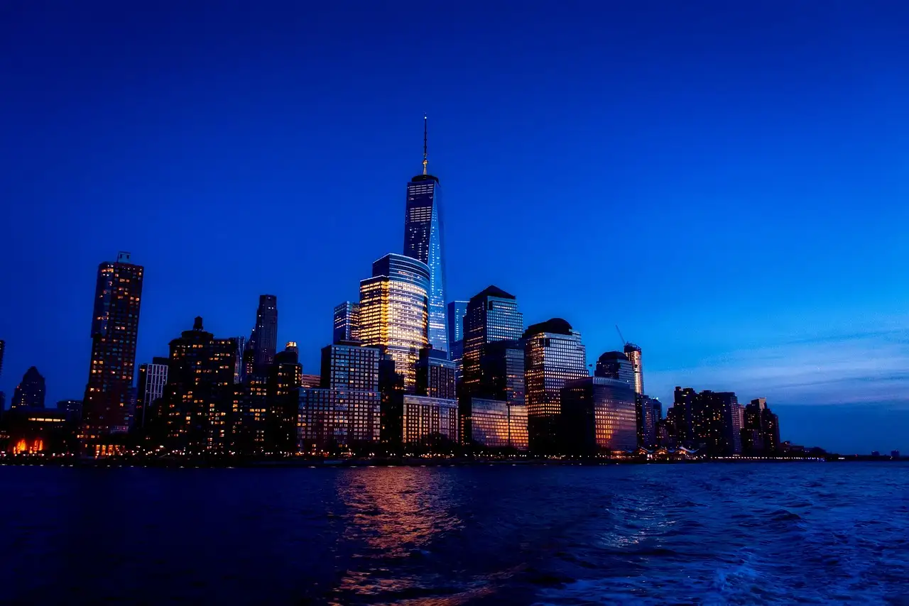 Lower Manhattan in the blue hour from the water