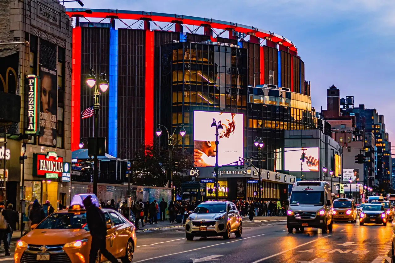 Madison Square Garden at dusk, seen from the street