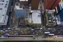 A Manhattan street full of yellow taxis seen from above