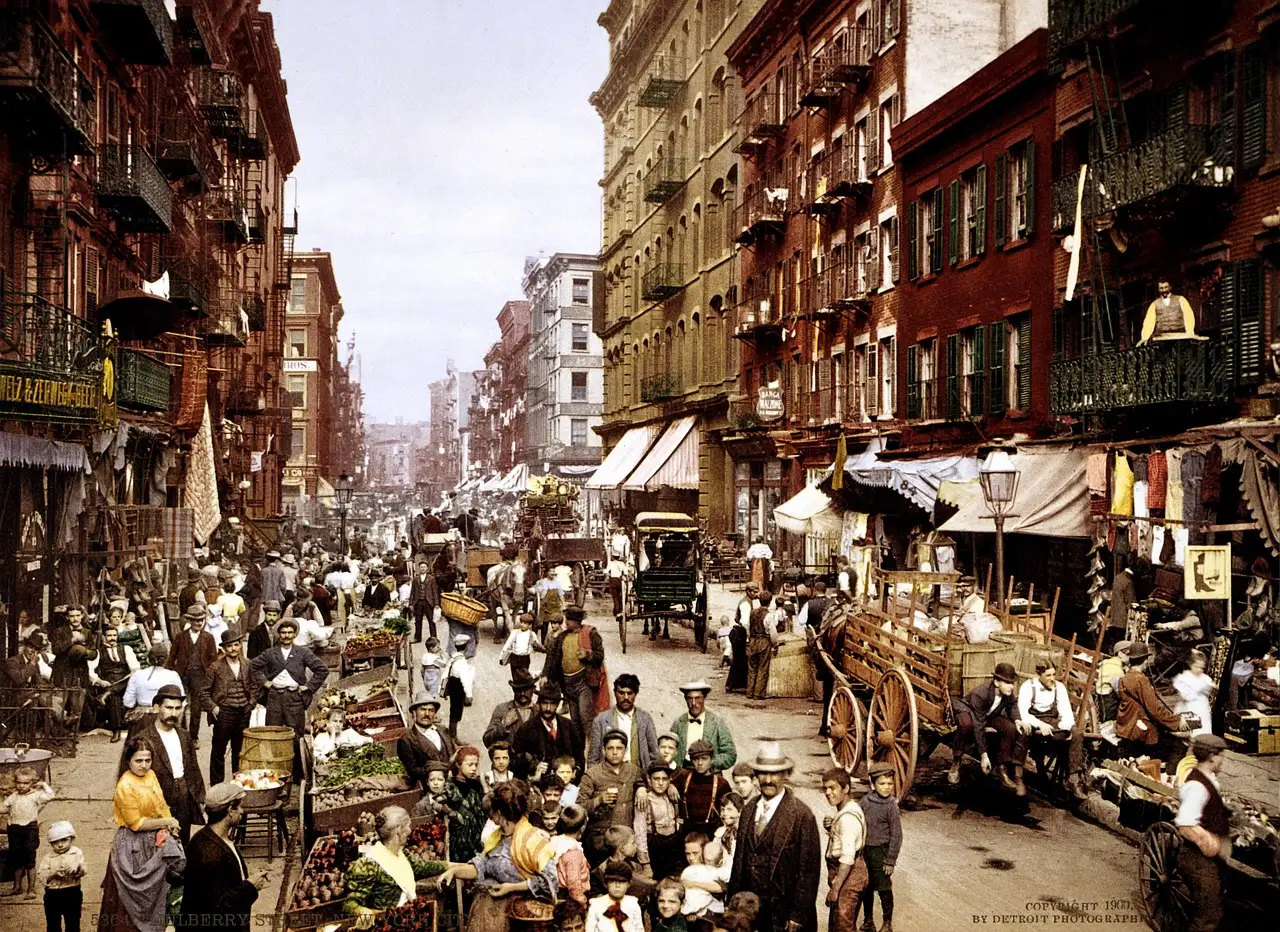 Mulberry Street around 1900: market carts and crowds (historic photochrom)