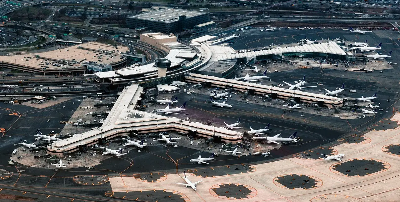 Newark Liberty International Airport from the air, with planes parked at the terminals