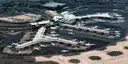 Newark Liberty International Airport from the air, with planes parked at the terminals