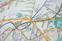 Close-up of the New York subway map around Downtown Brooklyn, with the colored lines and station names