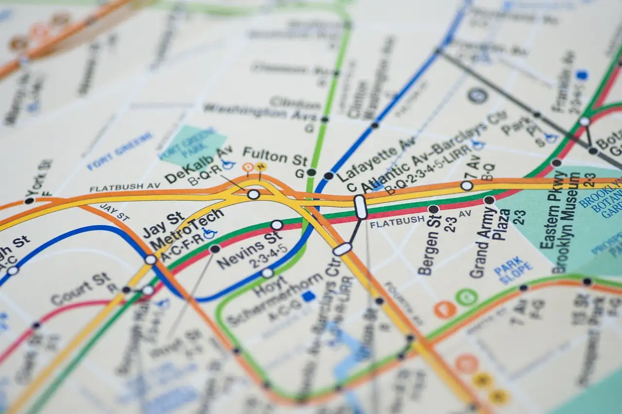 Close-up of the New York subway map around Downtown Brooklyn, with the colored lines and station names