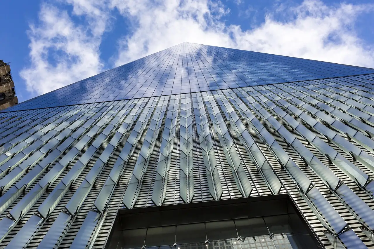 The glass facade of One World Trade Center