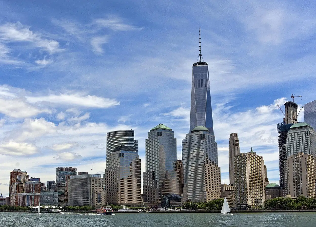 One World Trade Center above the Financial District, seen from the water