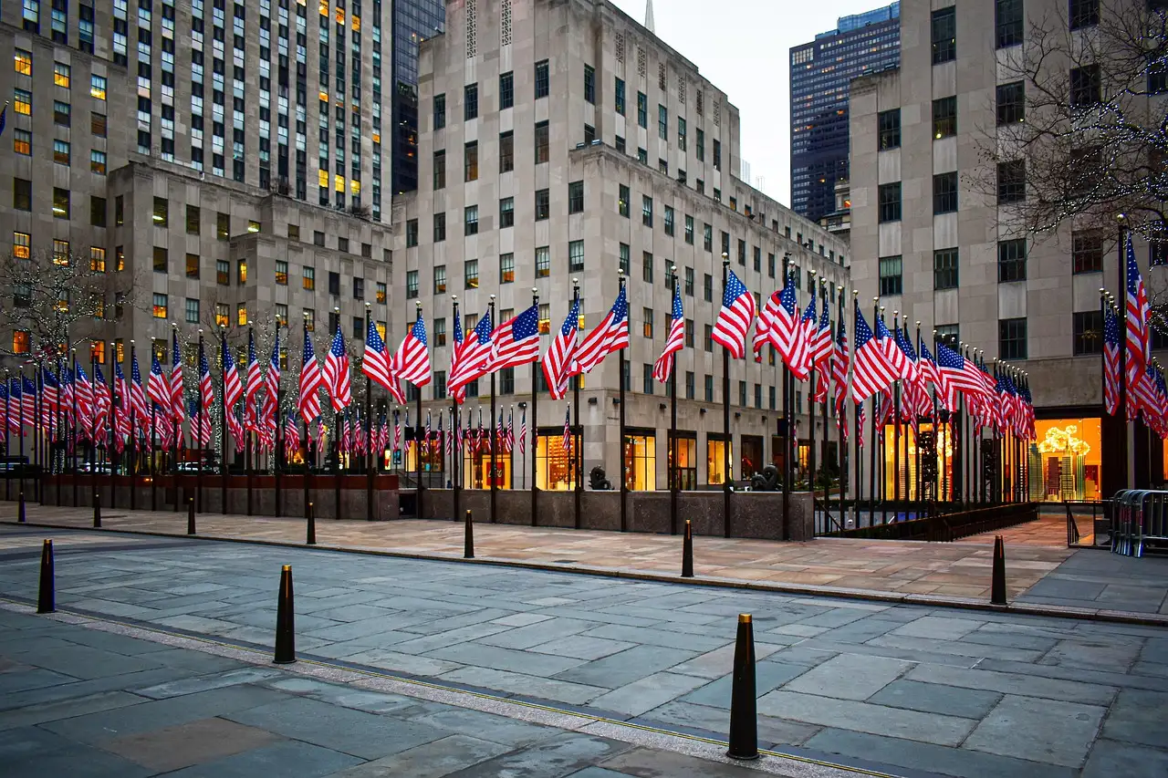 Rockefeller Plaza ringed by flags