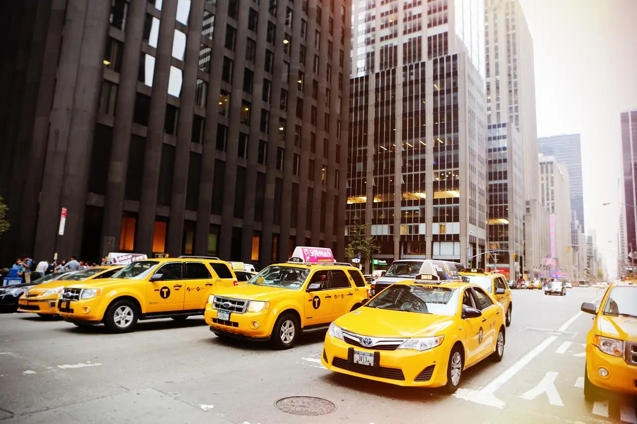 A row of yellow taxis