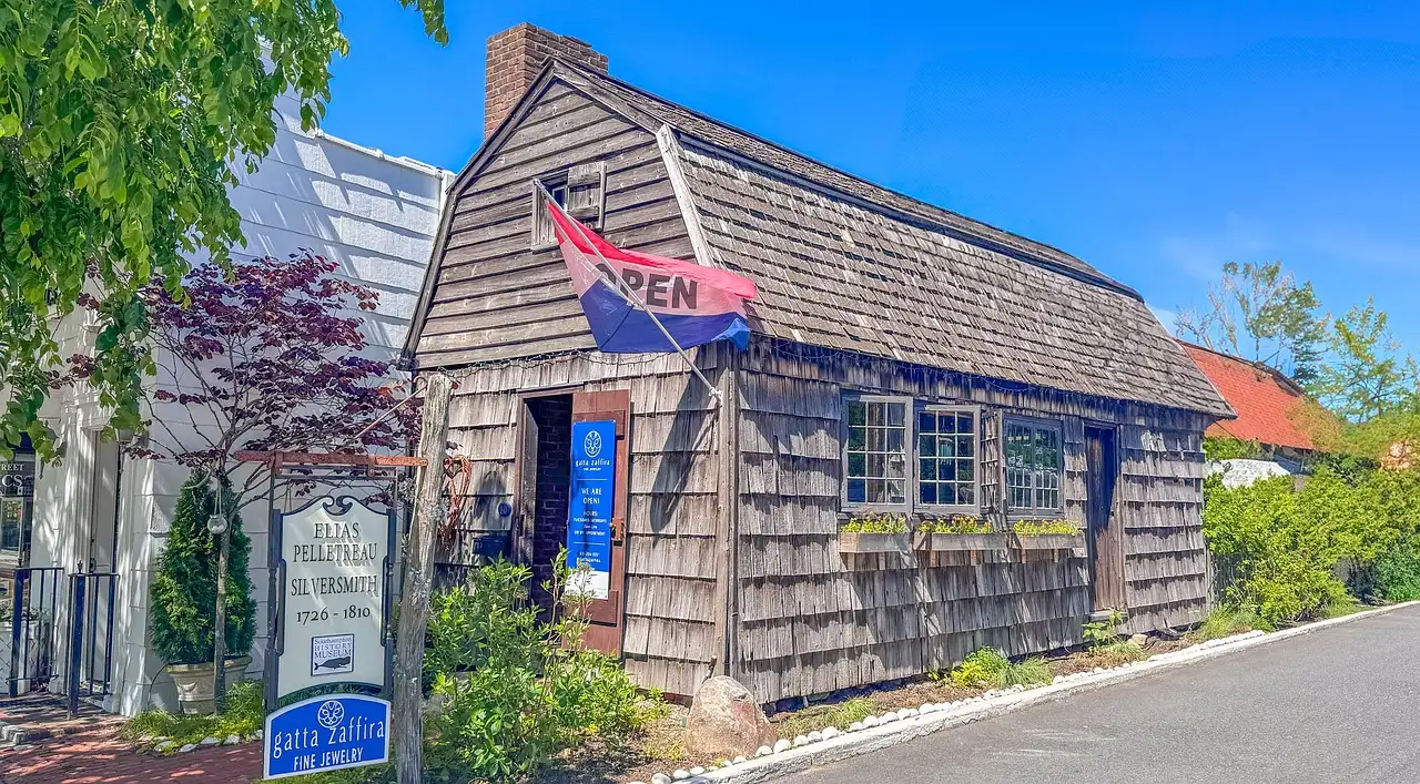 An old shingled shop on a street in Southampton