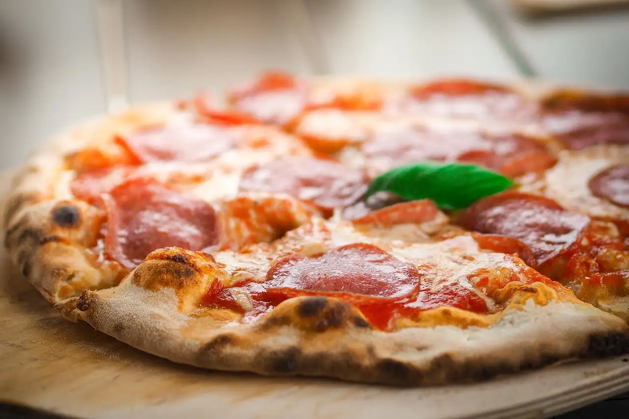 A stone-oven pizza with salami