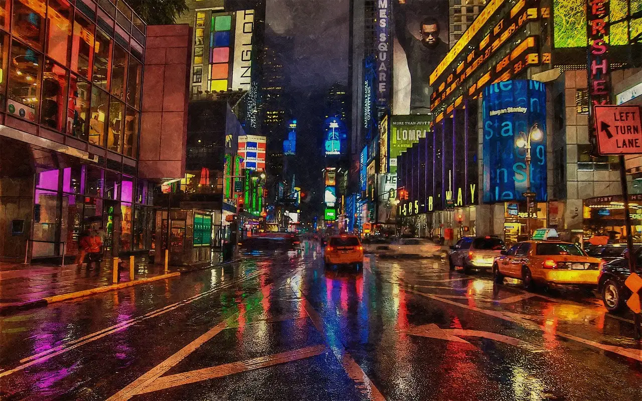 A rainy Theater District street by Times Square at night, lit by signs
