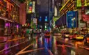 A rainy Theater District street by Times Square at night, lit by signs