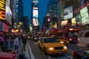 Times Square at dusk with a yellow cab, a short walk from the theatres on 42nd Street