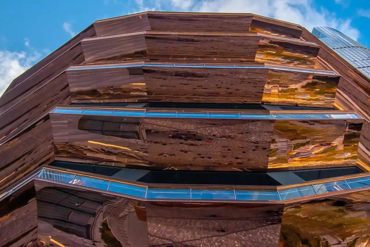 The copper-clad steps of the Vessel at Hudson Yards, seen from below