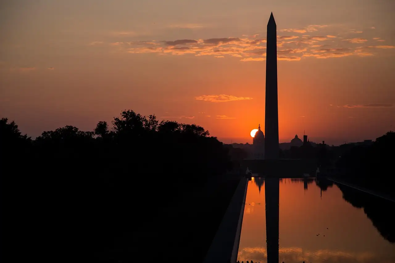 The Washington Monument reflected in the pool at sunrise